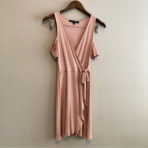 One Clothing Cold Shoulder Ribbed Stretchy Wrap VNeck Mini Dress Pink